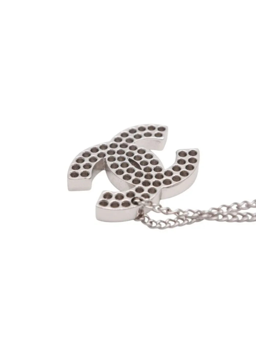 Chanel CC Logo Perforated Necklace Metal Silver